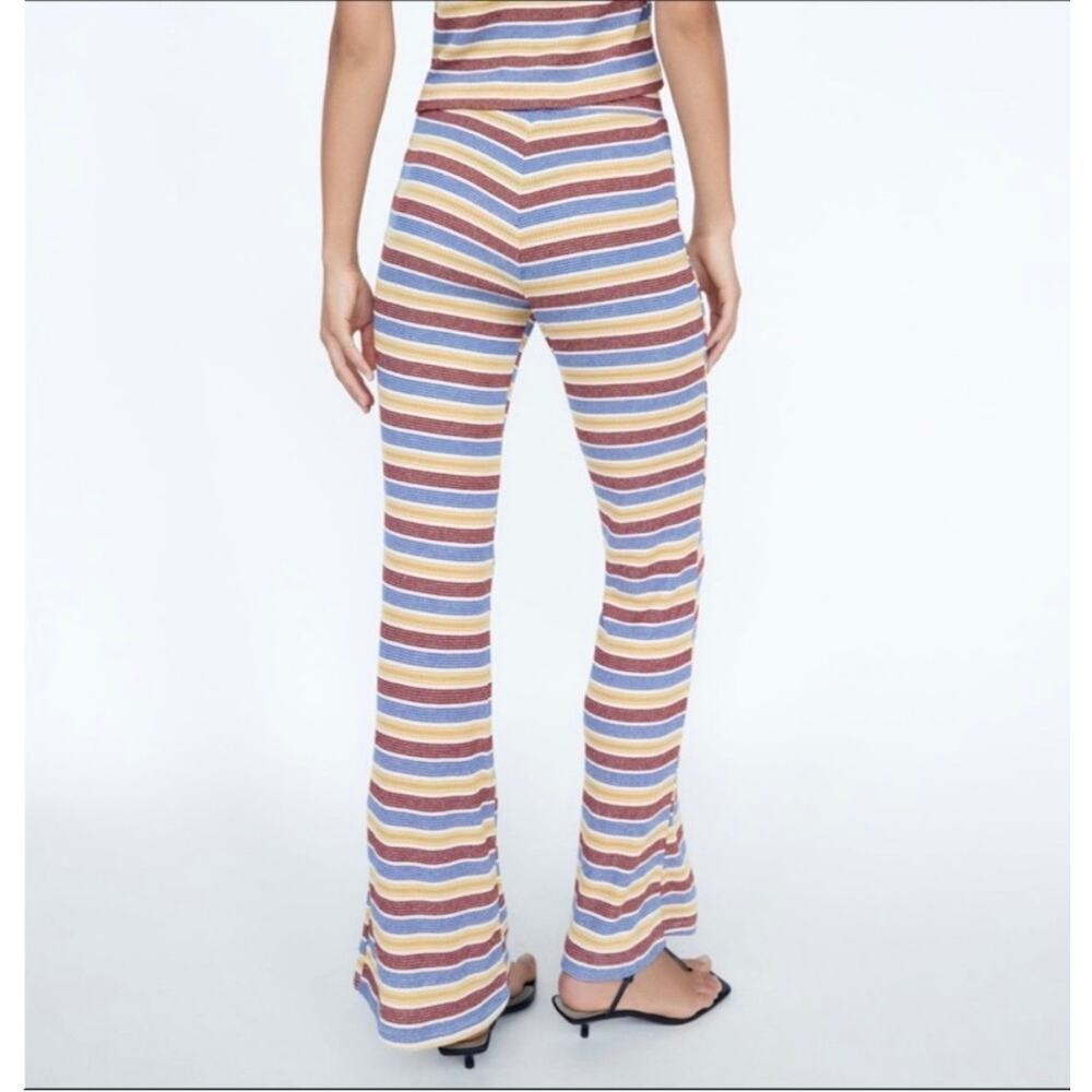 Zara Sz L Striped Pull On Flare Pants Red Yellow Blue High Waist | NWT - Picture 2 of 8